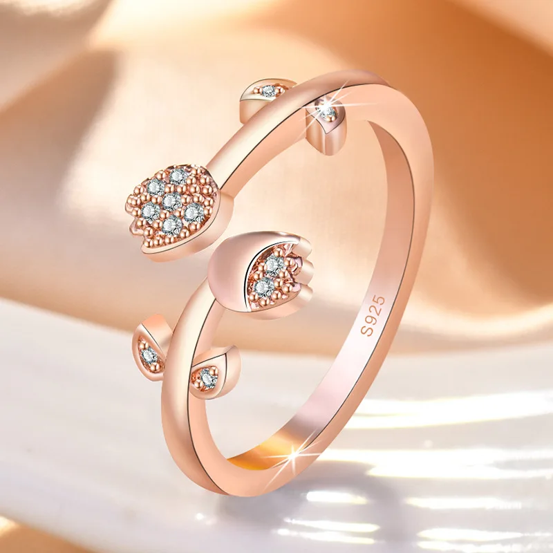 

Romantic Cubic Zircon Rose Flower Open Adjustable Ring Gold Silver Rose Gold Tulip Flower Rings For Women Jewelry