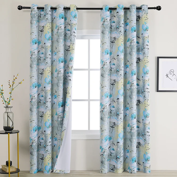 

American Style Shiny Printed Floral Blackout Curtain Design Top Grommet Metallic Blackout Shades For Curtains The Living Room