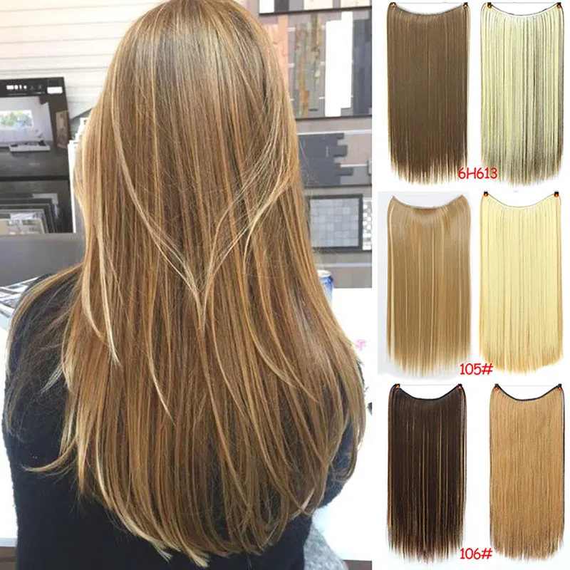 

24inch Invisible Wire No Clip One Piece Halo Hair Extension flip in false Hairpieces Synthetic hair for women