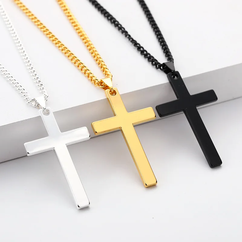 

Men's Cross Necklace Gold Silver Black Cross Pendant Stainless Steel Byzantine Chain Necklace 2020 HipHop Male Jewelry