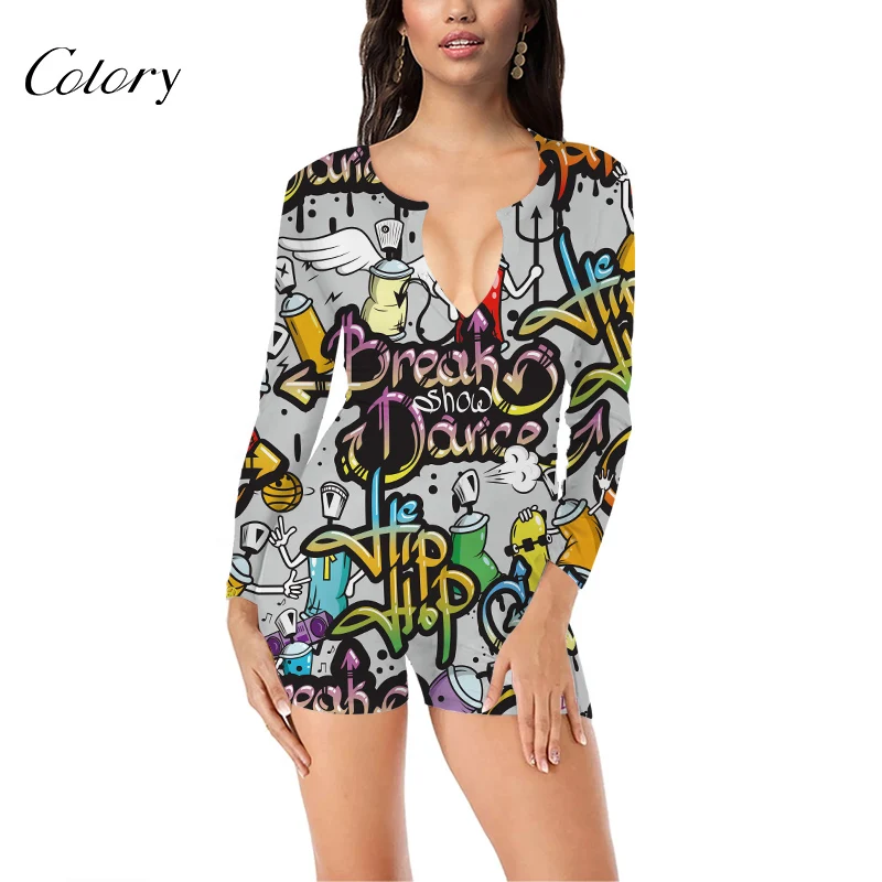 

Colory Jumpsuits Women Latest Design Casual Print Graffiti Jumpsuit, Picture shows
