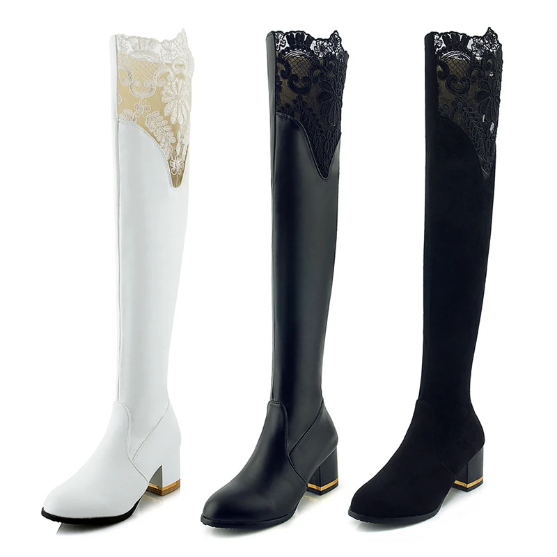 

Fall Winter New Round-headed Half Zip Black White Leather Over-the-Knee Lace Boots
