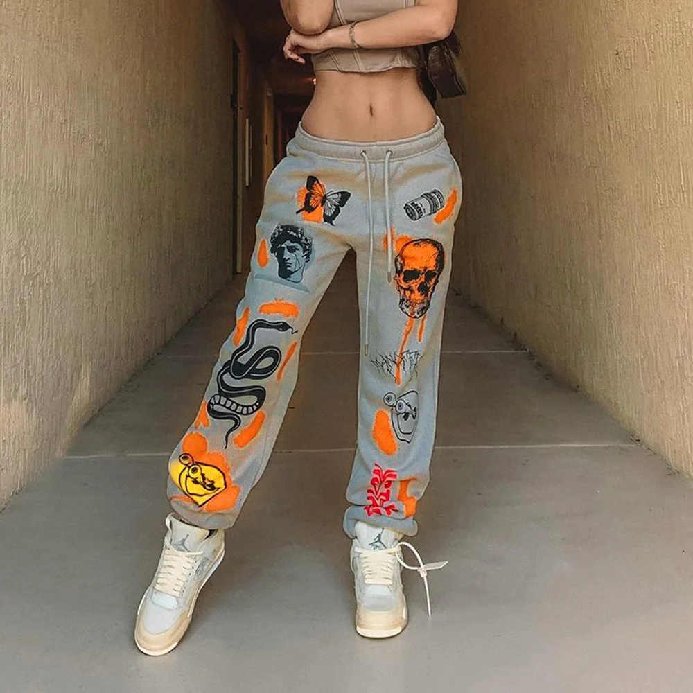 

Cute Print Joggers Cargo Sweat Pants Women 2022 Winter Fall Clothes Female Streetwear Baggy High Waist Loose Trousers, As pictures show