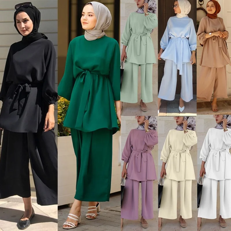 

Wholesale EID two-piece muslim sets abaya Turkey hijab dress islamic clothing 2 piece set for women, 8 colors as pictures