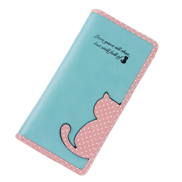 

Fashion Female Kawaii PU Leather Long Cute Hit Color Cat Polka Dot Student Zipper Wallet Clutch Coin Purse