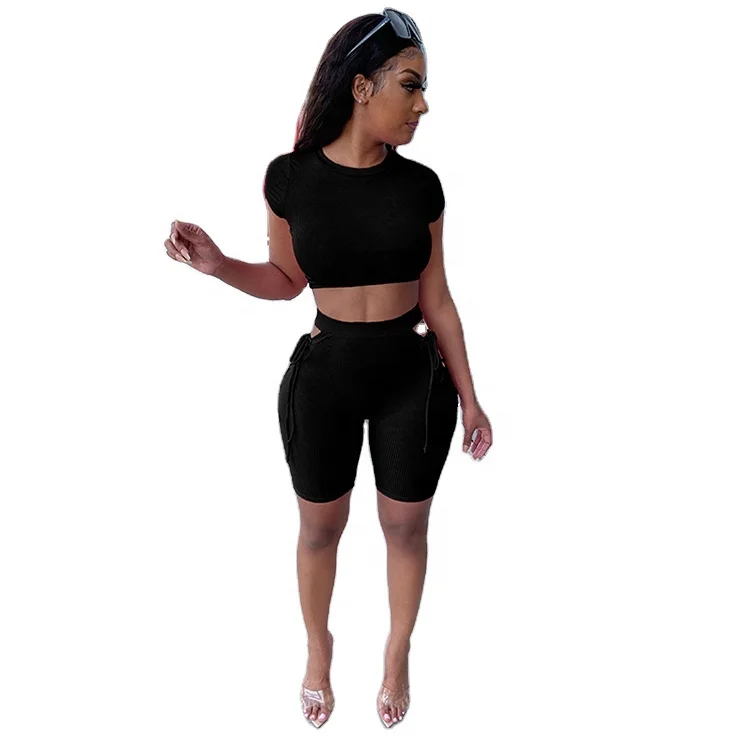 

2021 plus size women 2 piece sets women 2 piece set hollow out skinny two piece tight shorts set crewneck crop top and shorts, Black,white,pink