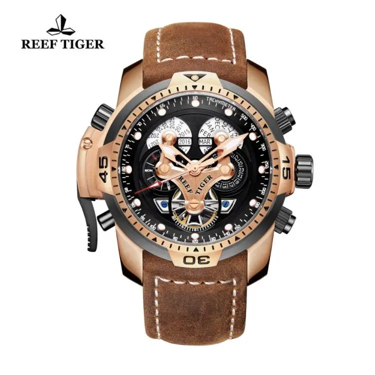 

REEF TIGER RGA3503L Men Watch Luxury Brand Automatic Watches Sport Waterproof Mechanical Leather Strap Sapphire Clcok Relogio