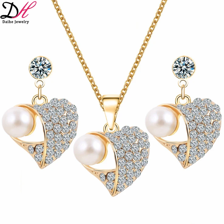 

heart shape pearl diamond jewelry set earrings necklace two-pieces set, Gold