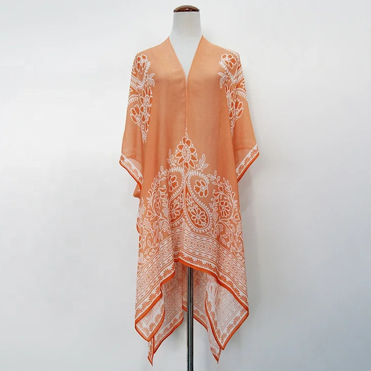 

2021 New Summer Design Orange Pattern Long Beach Women Kimonos, As picture