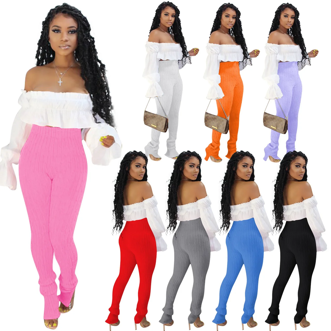 

New Arrivals Hot Sale Solid Sexy Off Shoulder Crop Top And Pants 2 Pieces Set For Women, White,black,red,blue,gray,pink,purple,orange