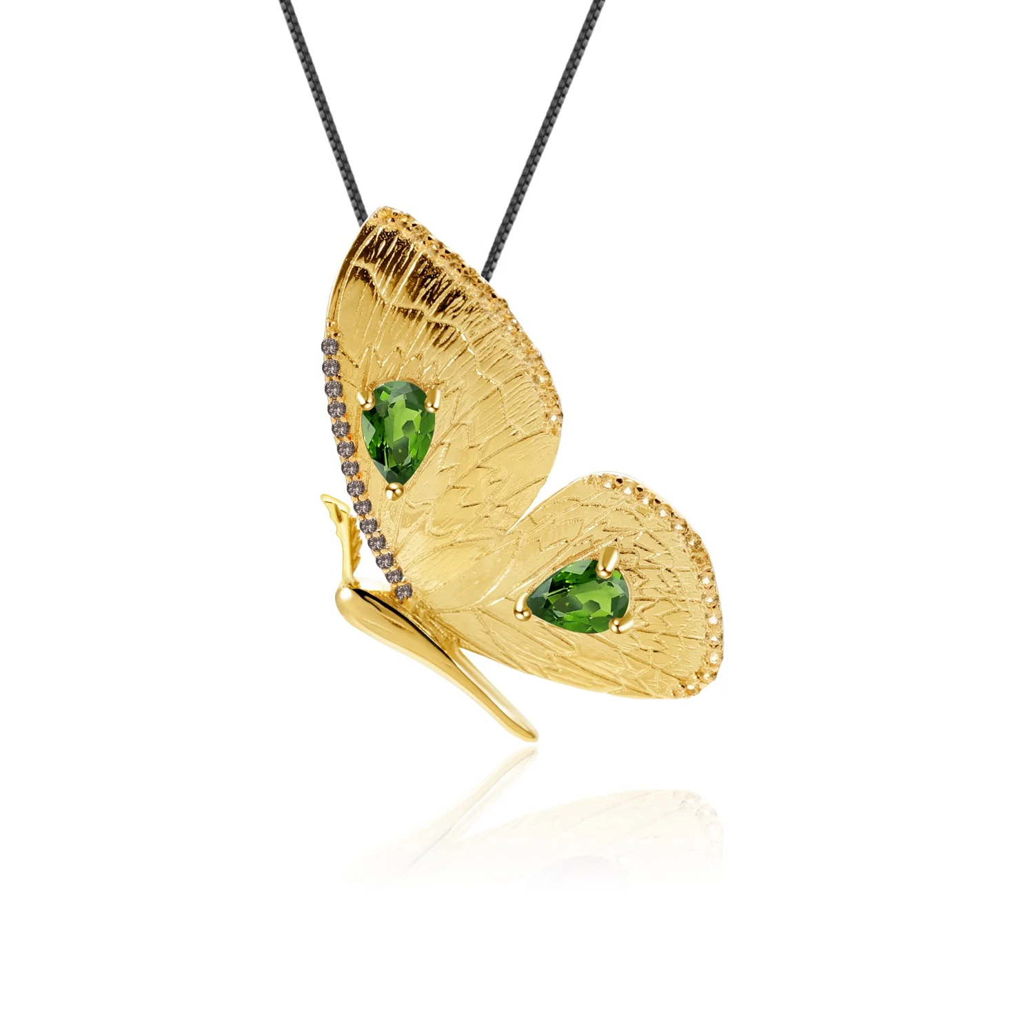 

Abiding Natural Chrome Diopside Gold Plated Jewelry 925 Silver Butterfly Brooch Pendant Necklace Women
