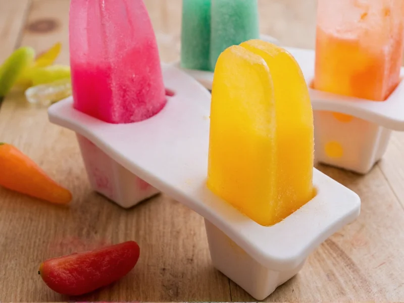 Colorful homemade ice pops in silicone molds on wooden table