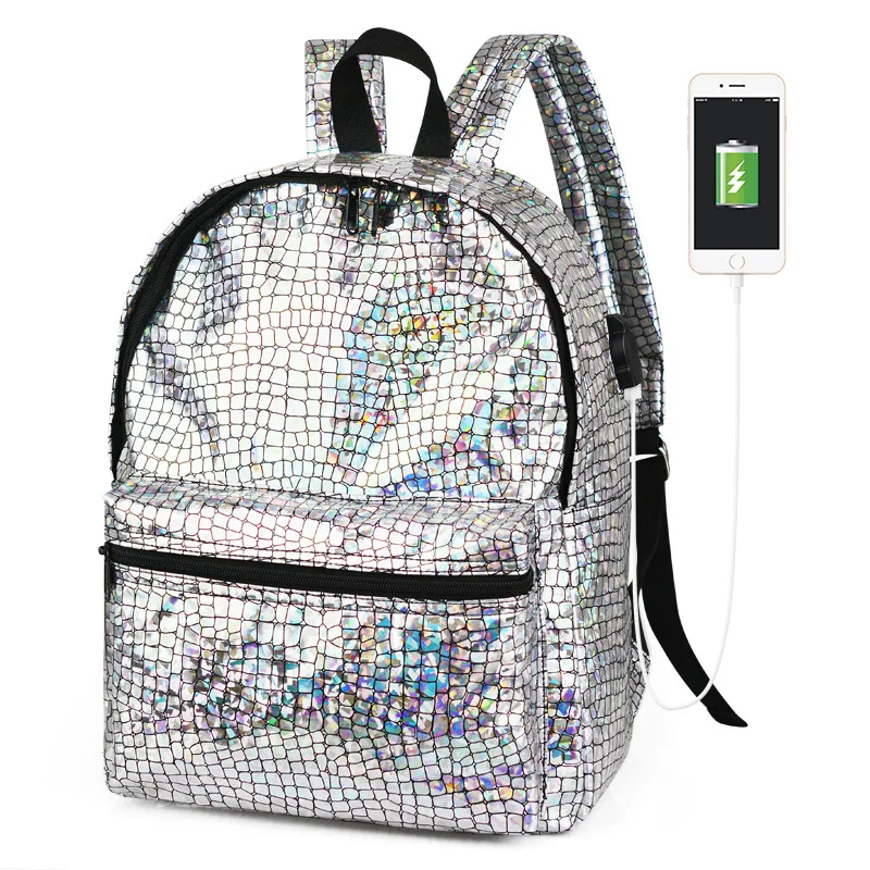 

2021 New Fashion Wholesale Laser Bag For School Usb Shining Backpacks Glitter Back Pack Luminous Backpack School bags, Purple,black,pink,blue,sliver,snake sliver