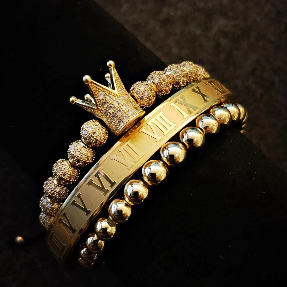 

Gold Roman Numeral Crown Hand-Woven Men's 4MM Copper Beads Bracelet Luxurious CZ King Crown Ball Jewelry, Multi-colors