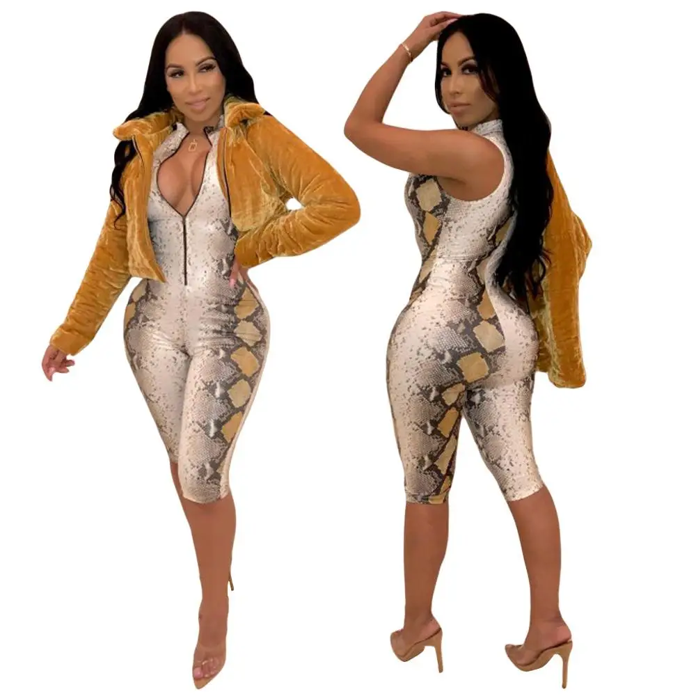 
Womens Casual Stand Neck Front Zipper Short Sleeve Short Pants Snakeskin Print Romper Jumpsuit 