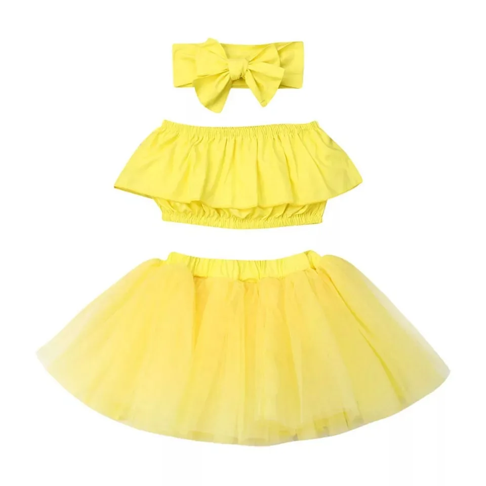 

4039 Newborn Toddler Baby Girls Summer Clothes Set Off Shoulder Tops+Tulle Tutu Skirts Dress Headband 3Pcs Kid Clothing Outfits, Picture shows