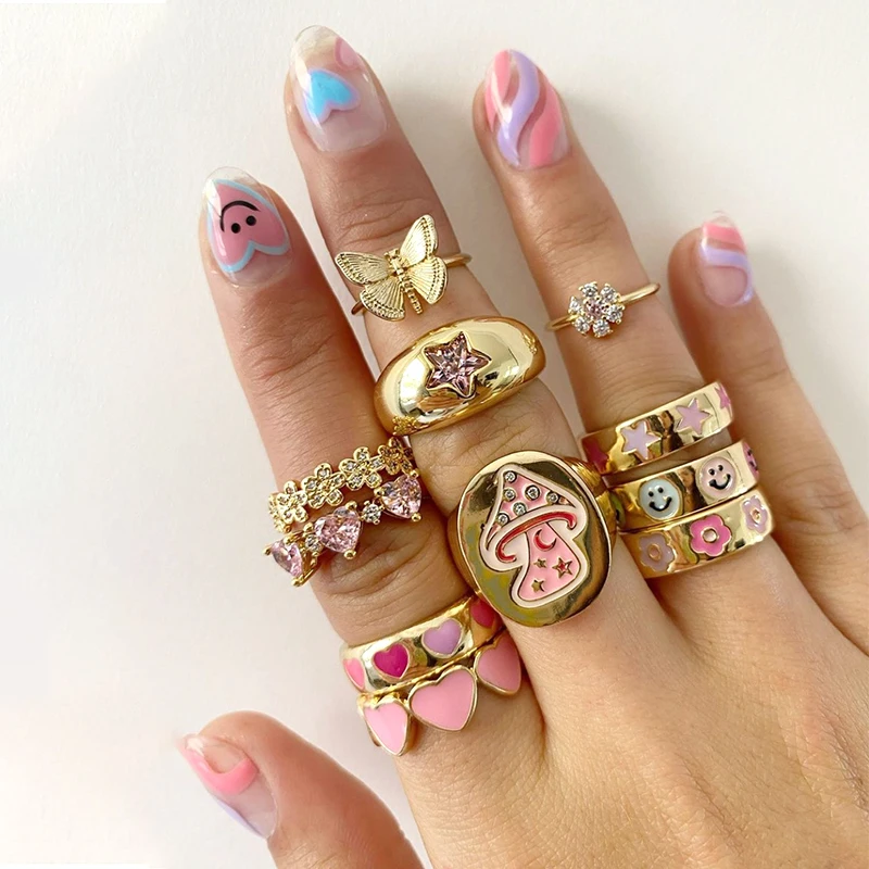 

Korean Smiley Heart Flower Accessories Metal Star Butterfly Harajuku Vintage Letter Rings Y2k Jewelry, Like picture