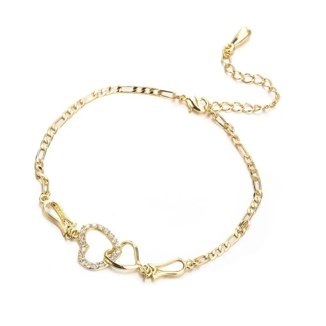 

Women Summer Beach Feet Jewelry Gold Silver Rose Gold Adjustable Cz Double Hearts Anklet Chain Bracelet For Wedding Party