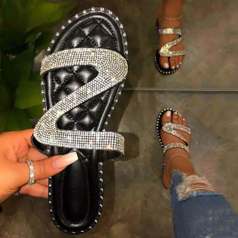 

SD-224 glitter sequined beaded cross strap open toe slipper with diamond-type lattice message sole for women beach flat sandals, Picture show , squine colors