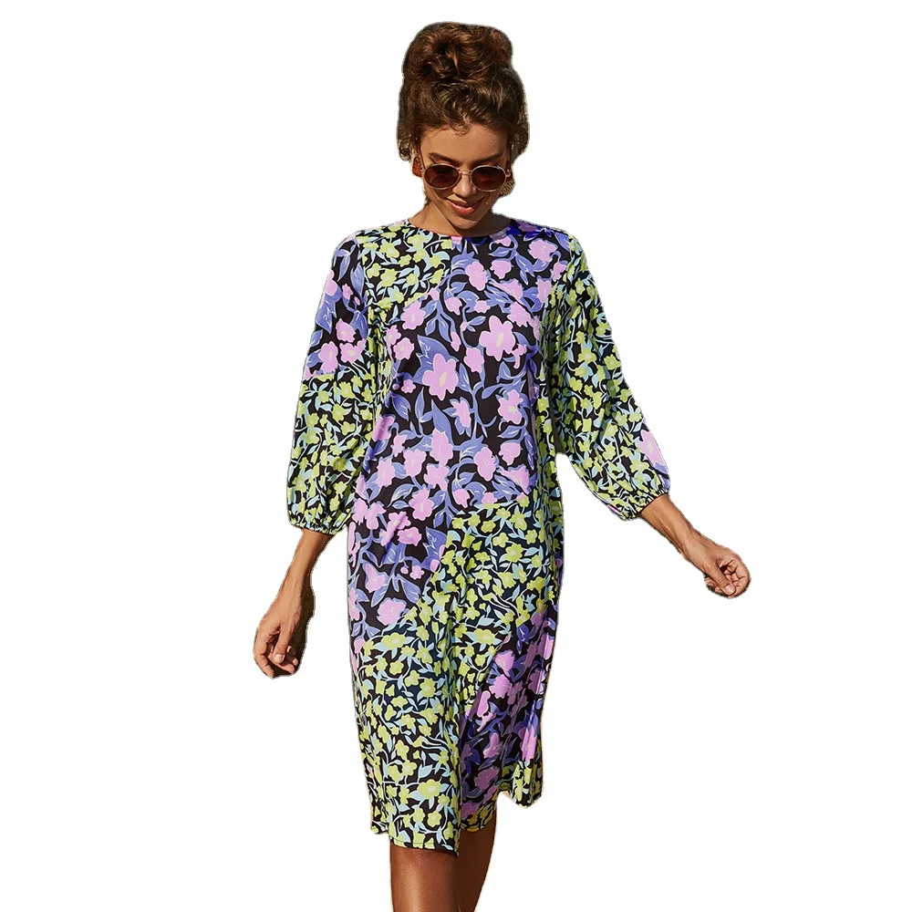 

rLM9287 New fashion flower printed half sleeve midi loose floral sun dress womens sundress vetidos casuais