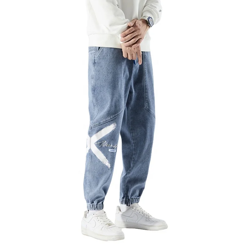 

2021 New Fashion Brand Fall Thin Jeans Men's Loose Plus-size Casual Elasticated Waistband Tied Foot Nine Points Sweat Pants
