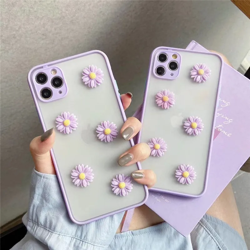 

3D cute Color border daisy flower phone Case For iPhone 11 Pro Max X XR XS Max 7 8 Plus SE 2020 Transparent Soft hard Cover Gift