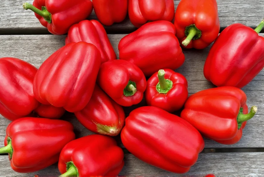 Freshly harvested red bell peppers from a Grand Forks community garden arranged on wooden table