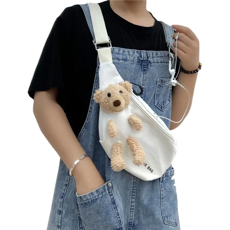 

2021 china fanny pack ladies waist bag wholesale colored canvas shoulder waist bag custom with toy Bear