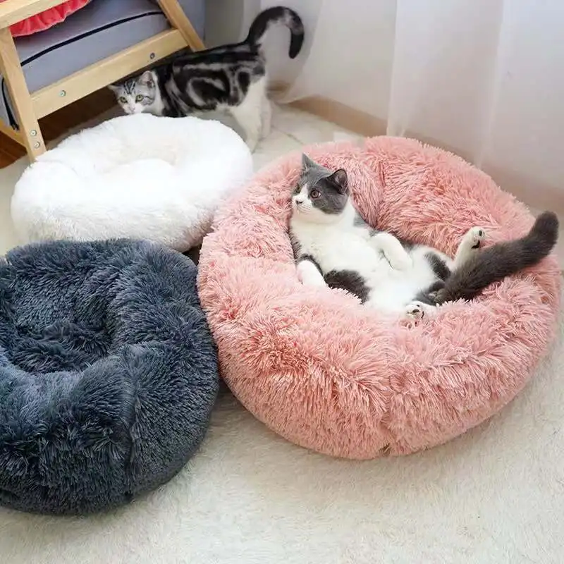 

Manufacturer wholesale OEM soft plush pink multi-colors dog cat round donuts beds, Light brown,pink,white,light grey,red,grey,black