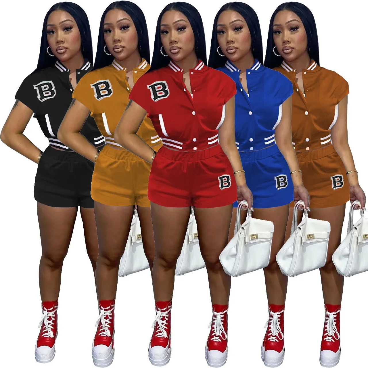 

2022 Women 2 Piece Short Sleeve Baseball Varsity Jacket Sets Spring Shorts Two Piece Set with Pockets 2pc Custom Matching Sets