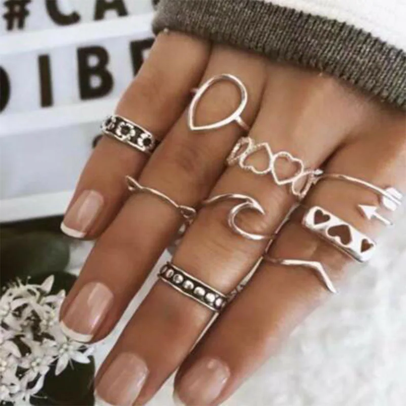 

Women Set Combination Joint Silver Combination Midi Rings For Love Heart Spray Cat Ears Ring Set