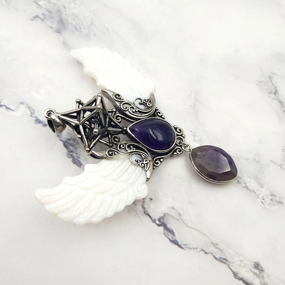 

natural white shell wings amethyst pendant girls fashion gunmetal star charm factory direct sale wholesale crystal/opal jewelry, As picture shows