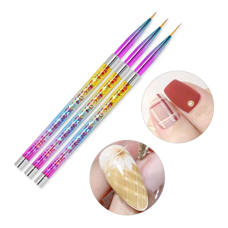 

New Rainbow Colorful Metal Handle Nylon Hair Painting Brush Carved Pen Light Therapy Pen Sets Sequins Nail Art Liner Brush, Rainbow sequins colorful