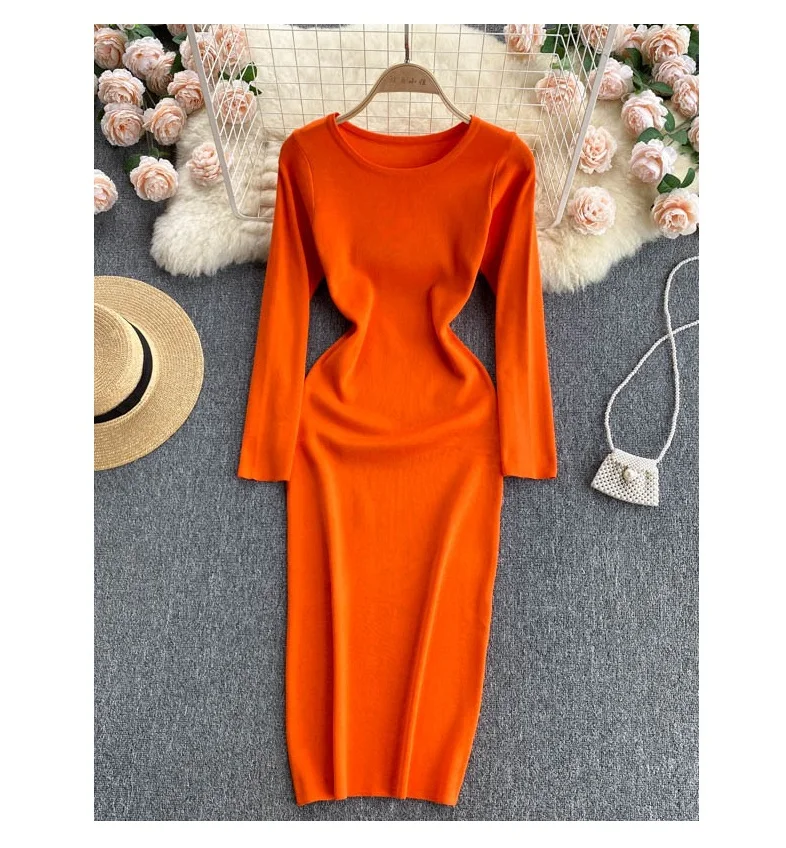 

New Arrival Solid Color 9 Colors Simple Long Sleeve Midi Knit Dresses Women Winter For Lady Casual