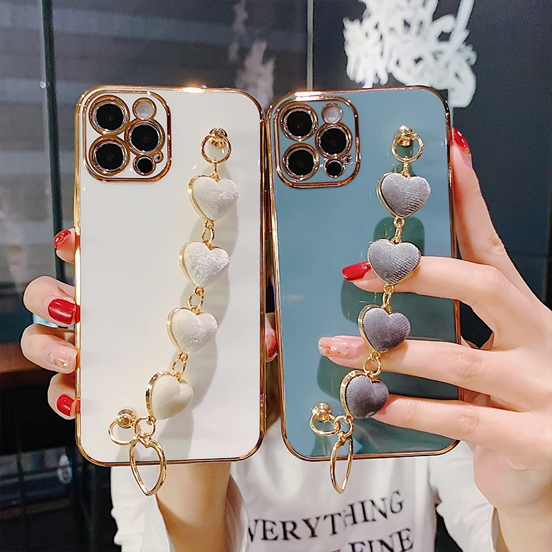 

Luxury 6D Plating Phone Case For iPhone 11 Pro Max 12 Mini 13 XS XR 6S 7 8 Plus SE 2020 Soft TPU Back Cover With Love Wristband