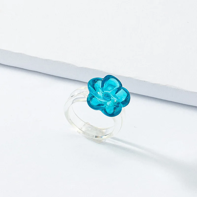 

Summer European Fashion Transparent Acrylic Ring Multicolor Blue Ring Flower Ring, Blue/orange