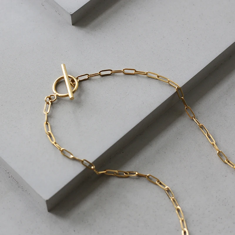 

2021 Women's Jewelry 18K Gold Plated Stainless Steel Paper Clip Link Chain Long OT T Bar Clasp Necklace