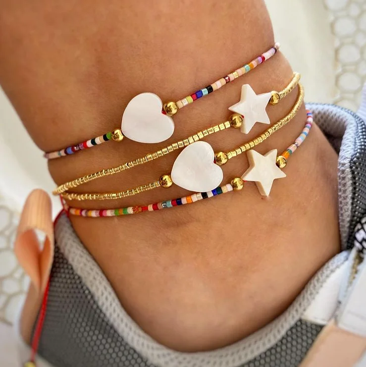

Handmade Natural shell love heart star Japan imported beads Miyuki anklet
