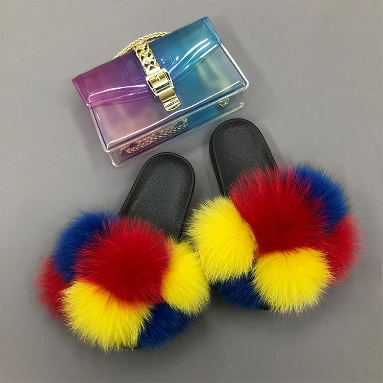 

Rainbow jelly square purse and comfortable summer outdoor pom pom raccoon fur fox fur slippers 2 set, Customized color