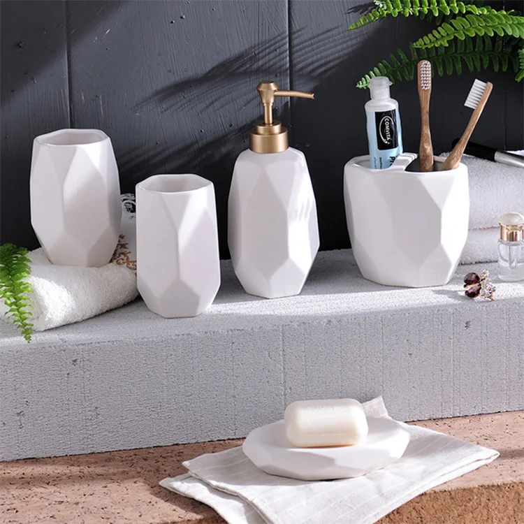 

China Manufacturer OEM Custom Shape Design White Matte Ceramic Hand Sanitizer Container Bathroom Accessory Sets, Natural