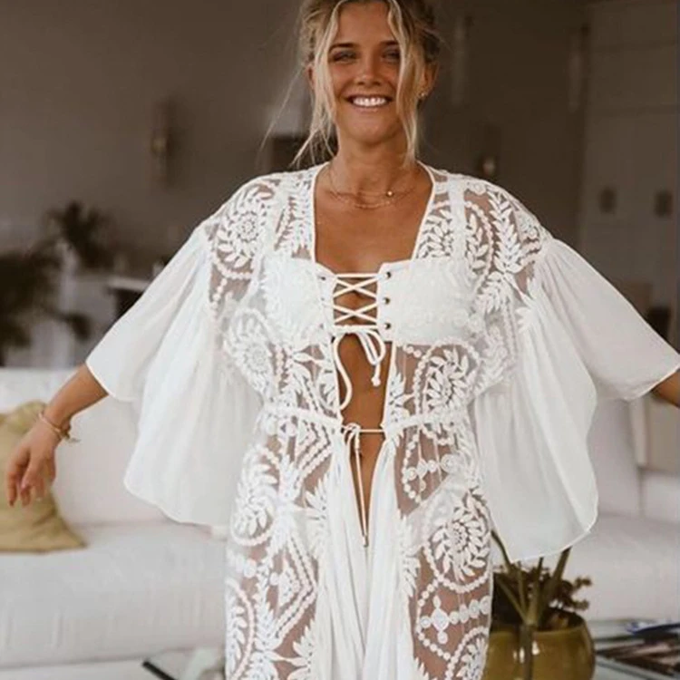 

2020 New Lace Beach Style Bikini Outwear Long Cover-ups kimono Holiday Casual Dress