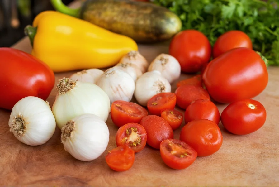 Close-up of traditional sofrito ingredients including onions, garlic, bell peppers, and tomatoes arranged on wooden cutting board