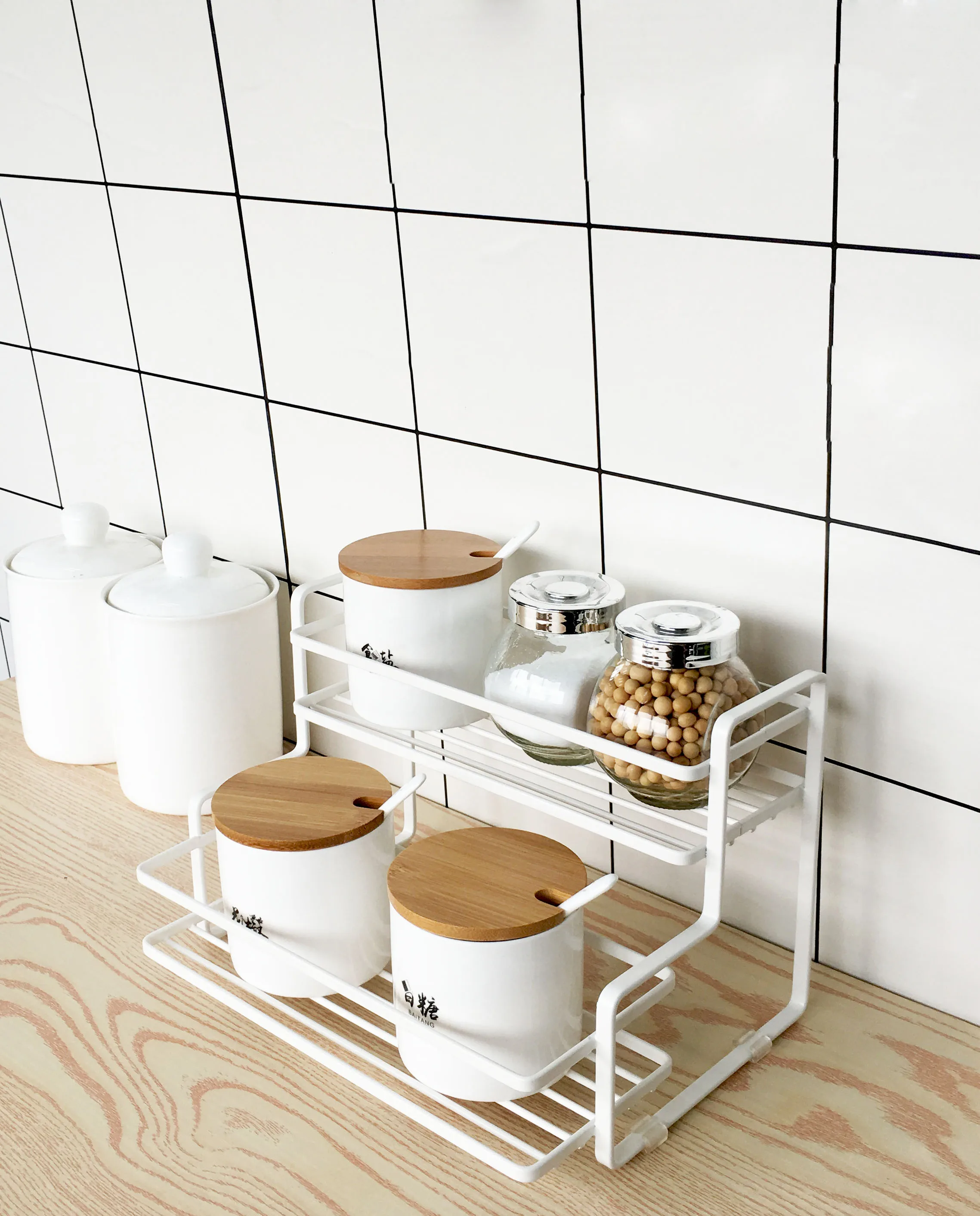 

Home life supplies kitchen iron spices seasoning storage rack countertop double finishing shelves