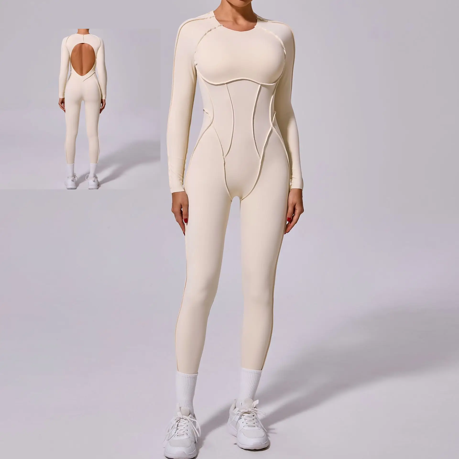 2025 New Sports Women's Beige Gym Jumpsuit Bodysuit Long Pants Long Sleeves Three-Dimensional Splicing Wiring Long Neck