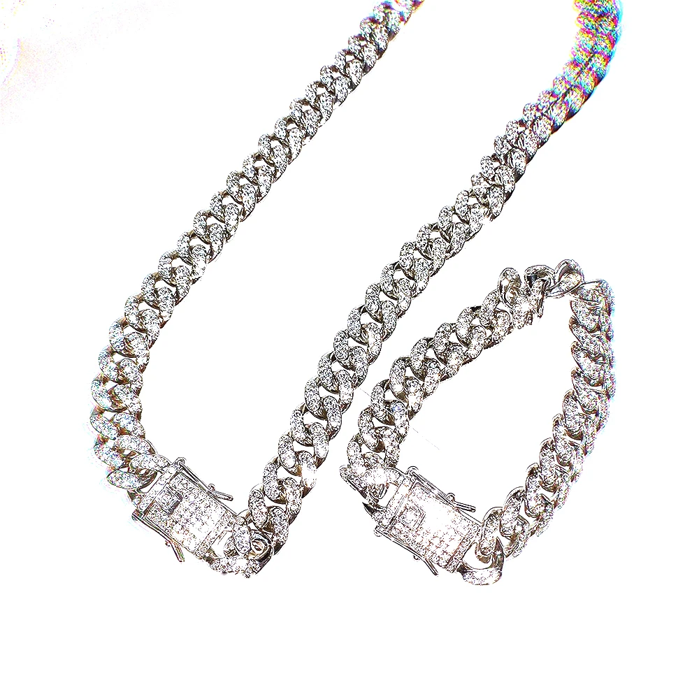 

Cuba Dubai Necklace White Gold Plated Big Iced Out CZ Miami Hip Hop Cuban Link Chain choker Anklet Necklace Jewelry Set, Silver