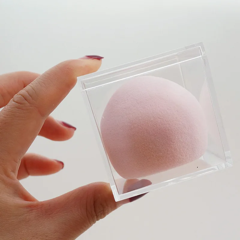 

Lower MOQ Custom mini Acrylic Box peach makeup sponge set packaging private label