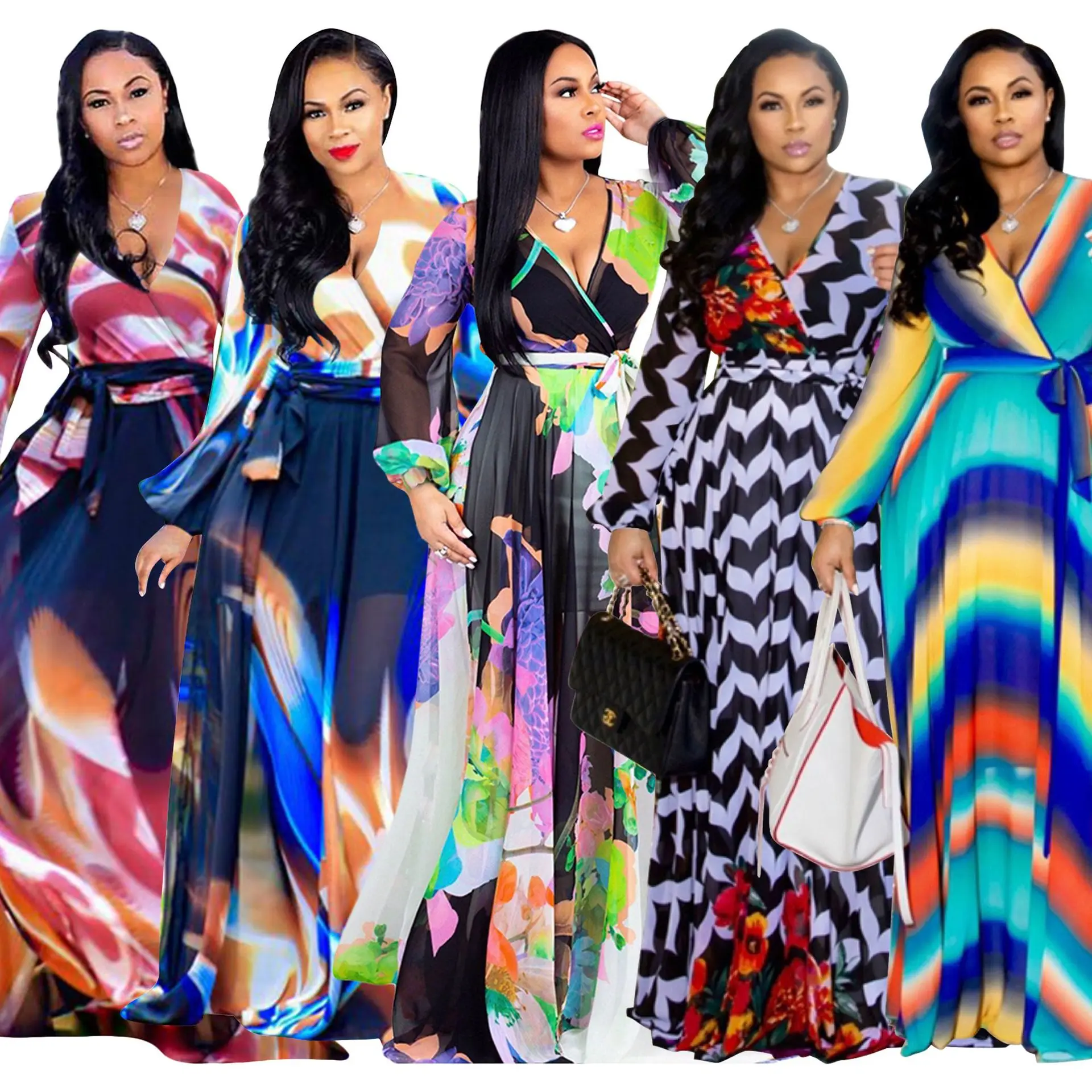 

Summer Plus Size Women's Casual Clothing Beach Chiffon Digital Printed Long Sleeve Maxi Dress, Customized color