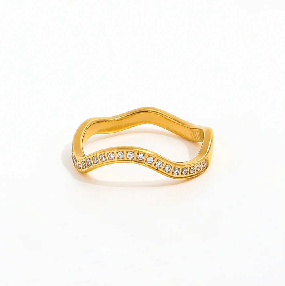 Joolim Jewelry Wholesale 18K Gold Plated CNC Curve Stainless Steel Trendy Style Zirconia Pave Ring for Women's Party Gift