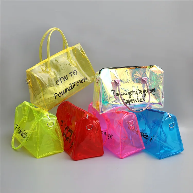 

Eco-friendly Custom Print Logo Transparent Clear Waterproof holographic womens duffle bag sports Spend a Night Bag