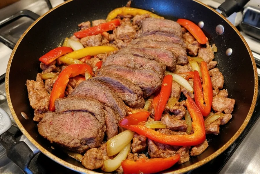 Thinly sliced flank steak with bell peppers and onions arranged in wok for pepper steak recipe